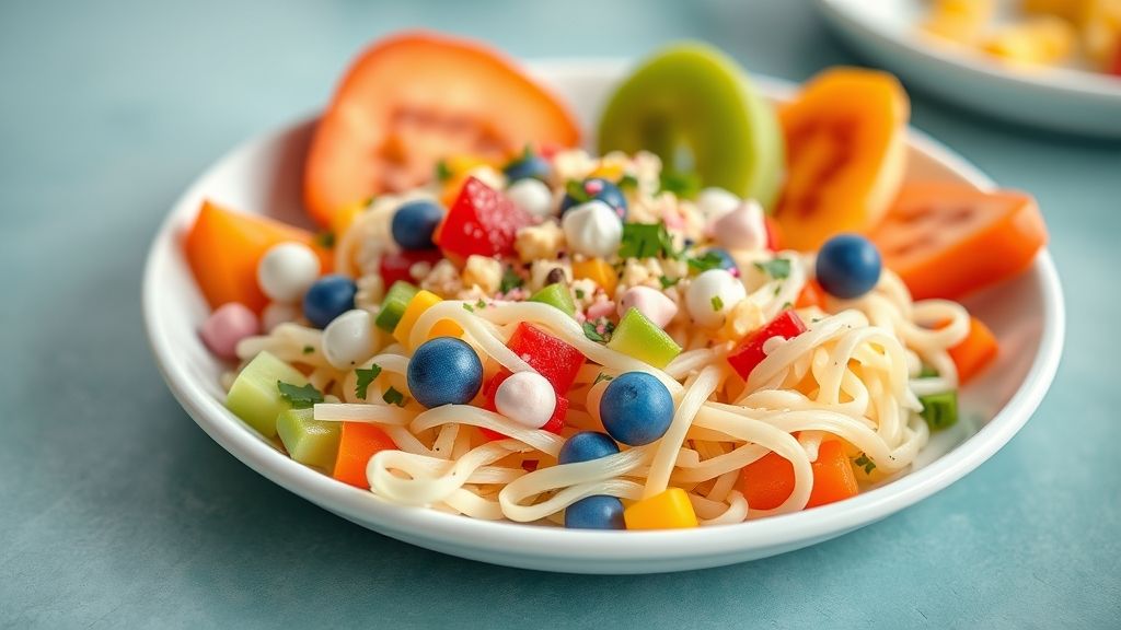 Prato alegre com mini-sanduíches coloridos e espetinhos de frutas dispostos em travessa festiva para o Dia das Crianças