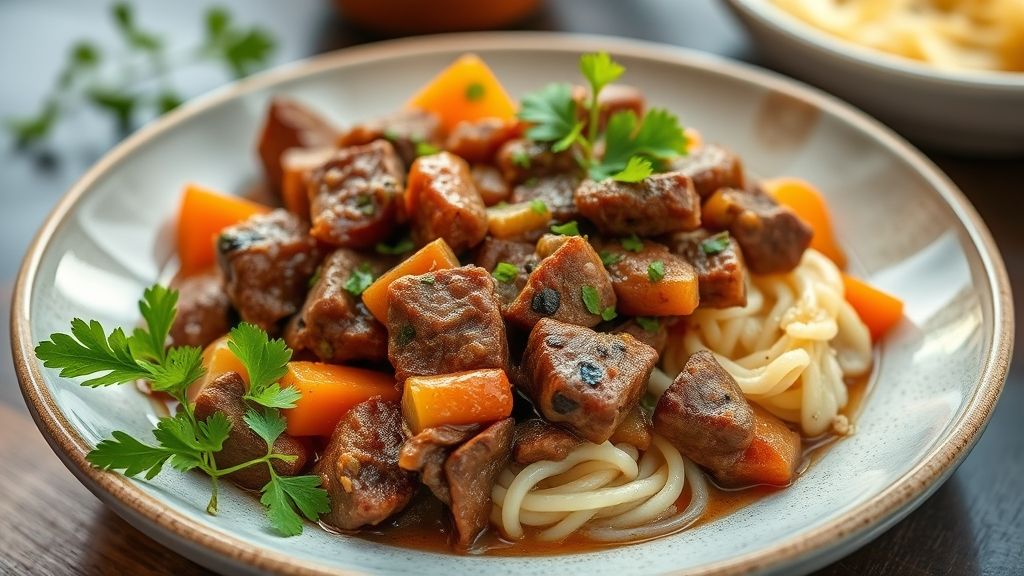 Prato de picadinho à jardineira pronto, com carne e legumes coloridos servidos em um molho espesso e apetitoso