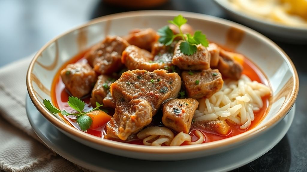 Prato de picadinho de carne de porco servido com molho encorpado e cheiro-verde fresco, em tigela rústica