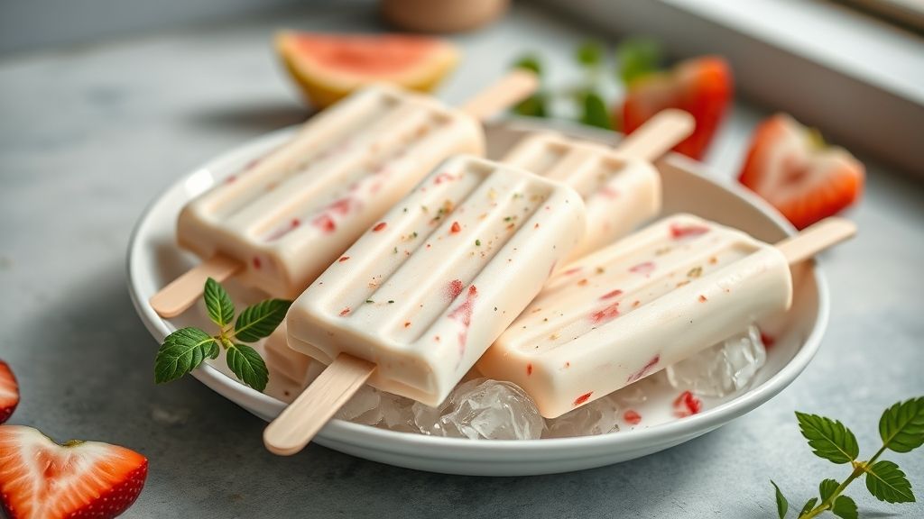 Picolés cremosos prontos, coloridos, servidos em copos com frutas frescas e gelo ao redor.