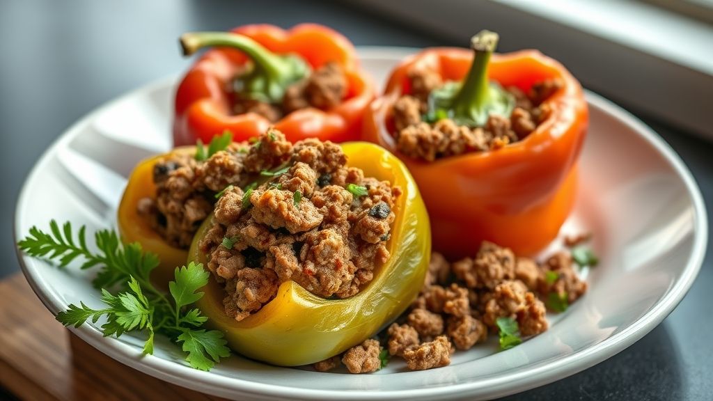 Pimentões assados recheados com carne moída e gratinados com queijo, dourados e apetitosos em travessa elegante