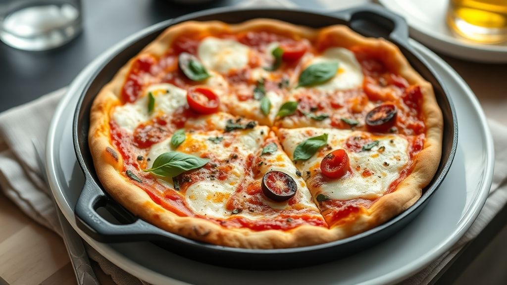 Pizza dourada e crocante com queijo derretido, tomate e manjericão, servida sobre tábua rústica.