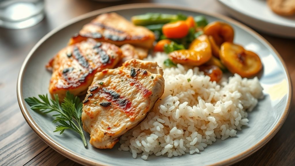 Prato completo com frango grelhado dourado, arroz soltinho e legumes coloridos salteados, com visual caseiro e apetitoso.