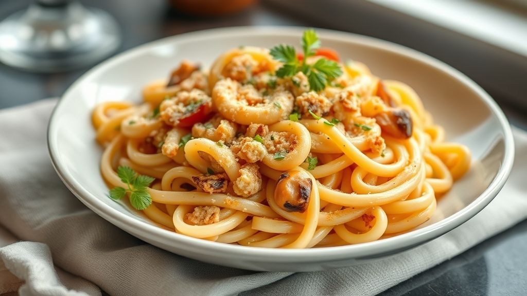 Lasanha gratinada com queijo dourado e crocante, servida em refratário de porcelana, super apetitosa