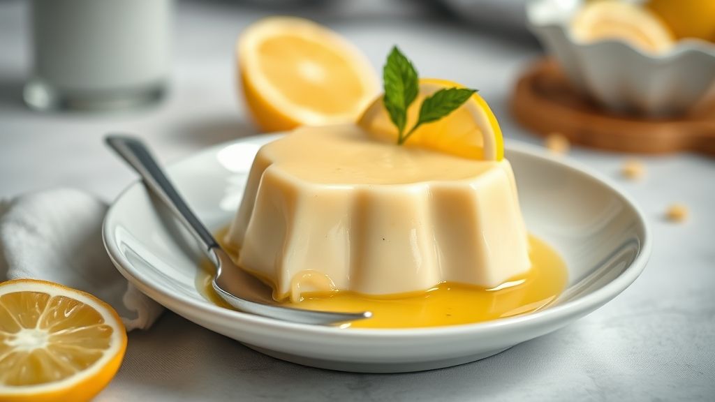 Pudim de limão simples desenformado, com textura cremosa e calda dourada, decorado com raspas de limão fresco