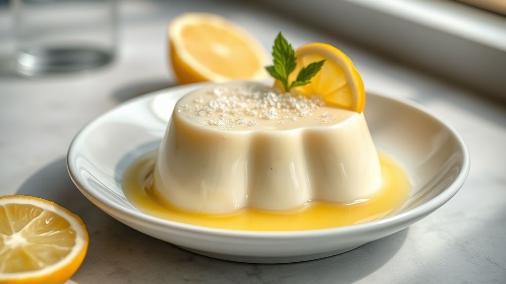 Pudim de limão cremoso, desenformado, decorado com raspas e folhas de hortelã, servido bem gelado em prato branco elegante