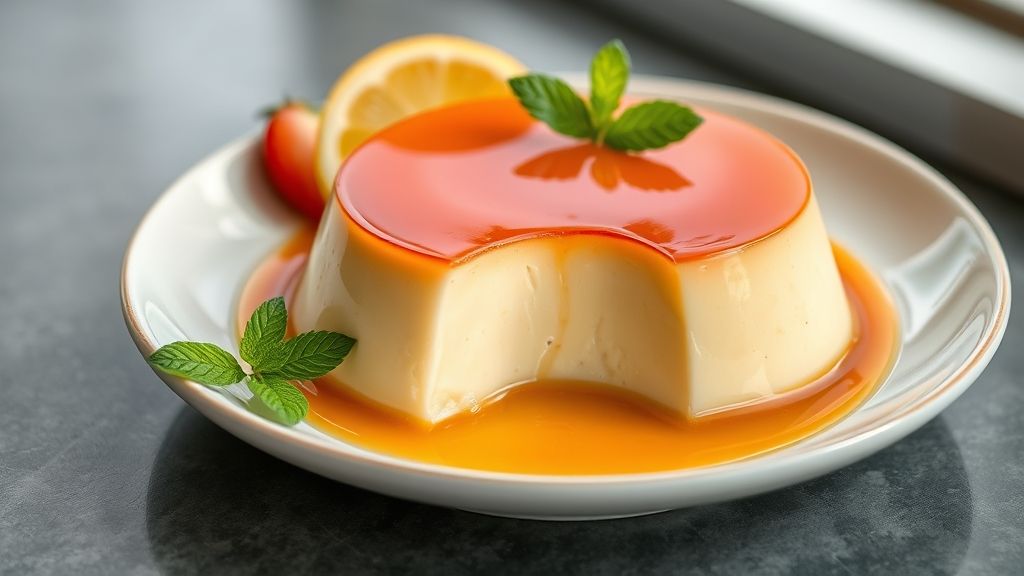 Pudim dourado, cremoso e liso, sem furinhos, servido em um prato elegante e coberto por calda brilhante de caramelo.