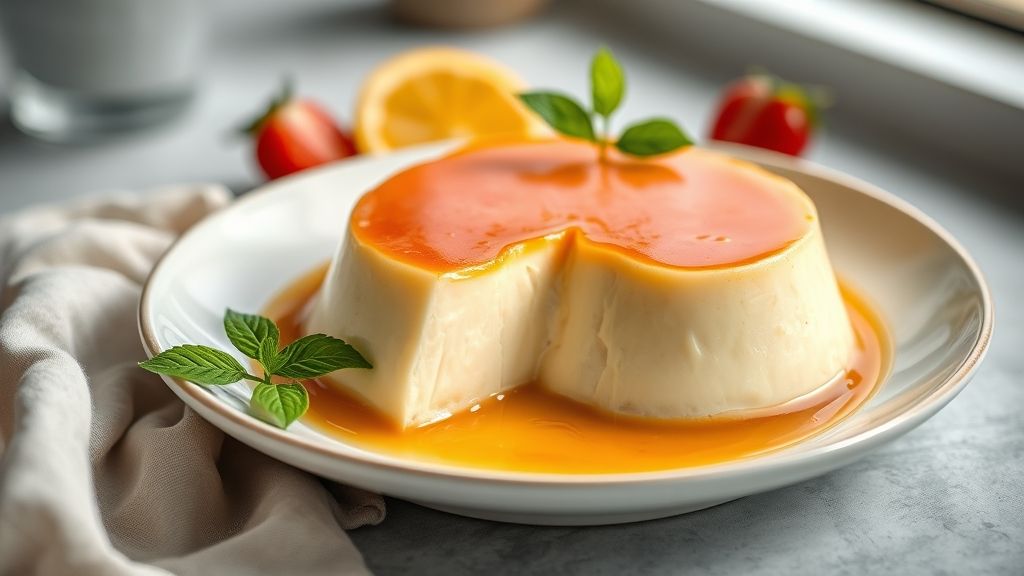 Pudim sem leite condensado dourado, liso e com calda caramelada, servido em prato branco elegante