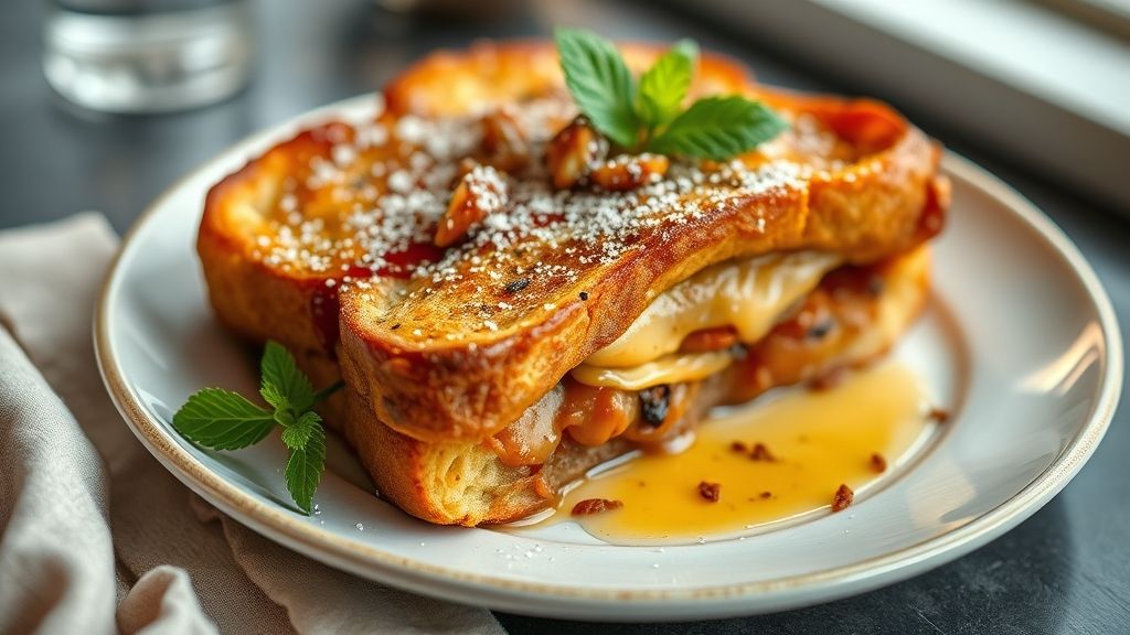 Fatias de rabanada assada douradas, polvilhadas com canela e açúcar, servidas em prato branco elegante.