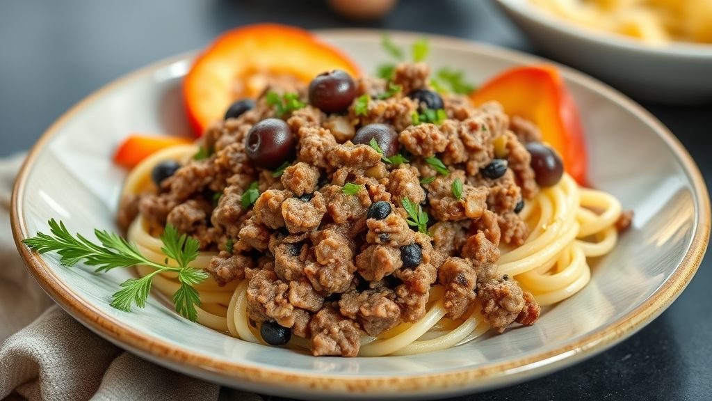 Recheio de carne moída com azeitona servido em prato rústico, mostrando textura úmida e cor vibrante