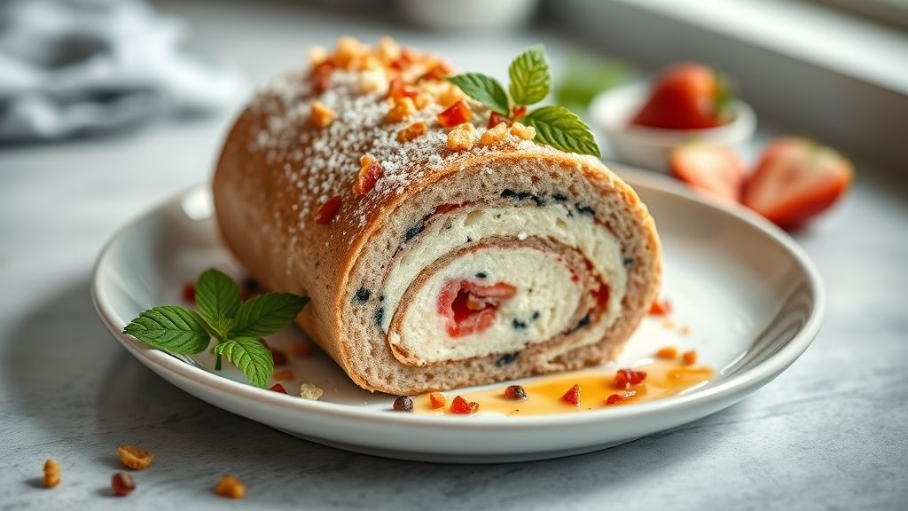 Rocambole caseiro dourado e fofo, recheado com chocolate cremoso e polvilhado com açúcar