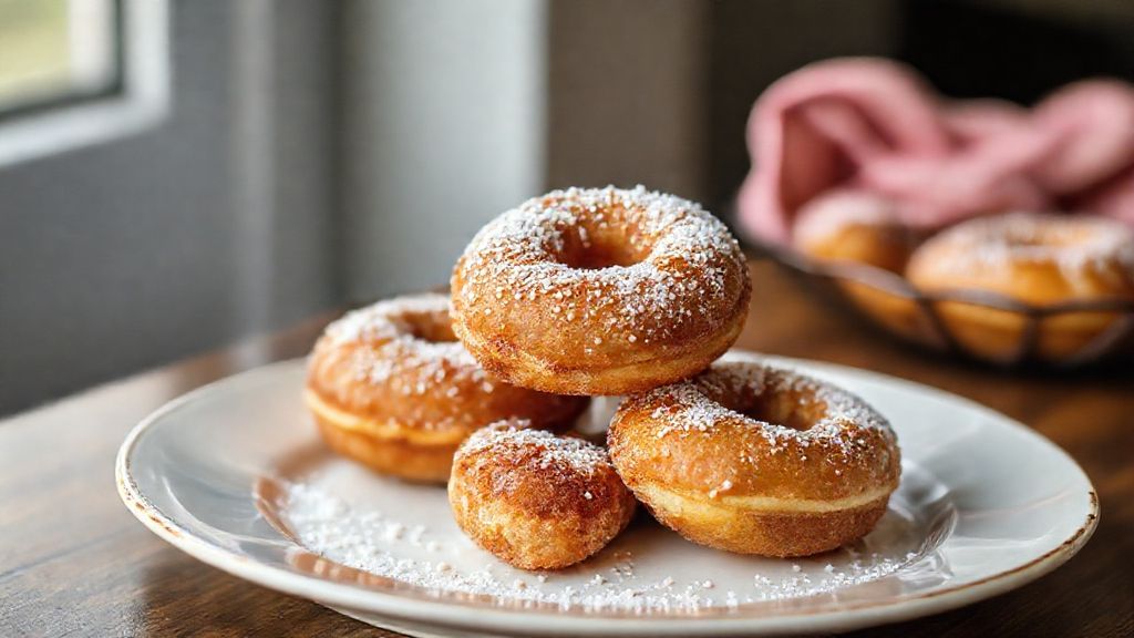Rosquinhas douradas e crocantes servidas em prato branco, polvilhadas com açúcar e canela