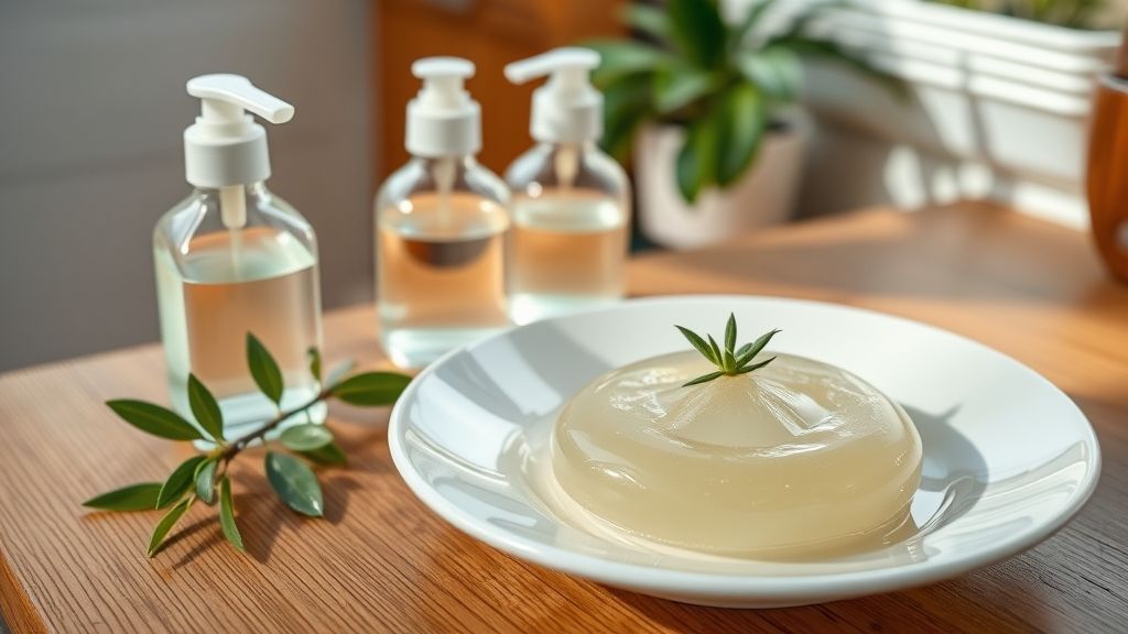 Sabão líquido caseiro sem álcool em garrafas, de cor clara e textura cremosa, sobre bancada de limpeza