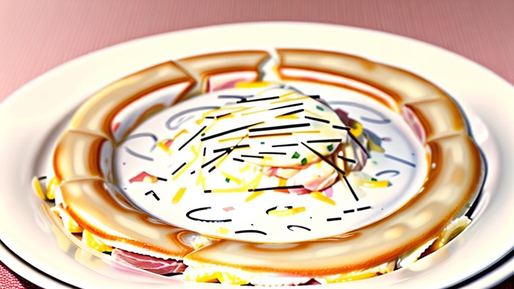 Tigela de salada de macarrão cremosa com presunto, queijo e legumes frescos, decorada com folhas verdes.