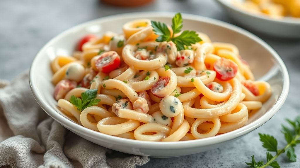 Salada de macarrão simples com legumes frescos e molho cremoso servida em tigela de vidro colorida e apetitosa