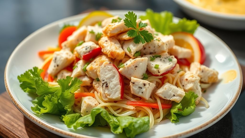 Travessa com salpicão tradicional cremoso, com frango, legumes e batata palha crocante, servida fria e decorada com cheiro-verde