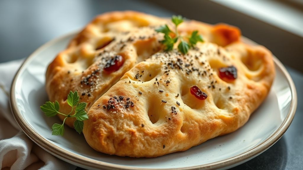 Pão italiano dourado e crocante, com azeite e ervas, servido em tábua rústica