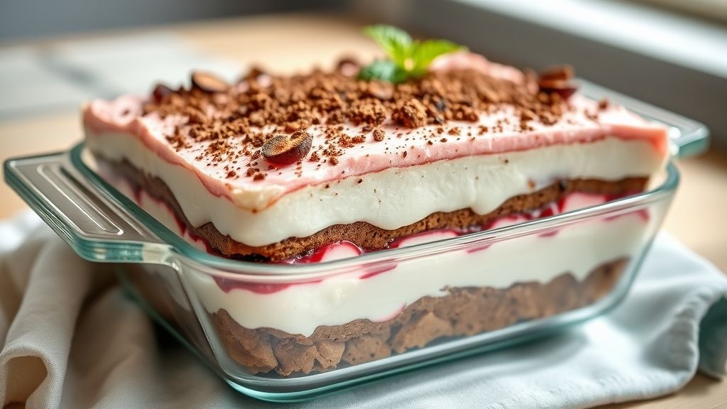 Uma travessa de vidro com três camadas de creme — morango, chocolate e baunilha — finalizada com raspas de chocolate e morangos frescos.