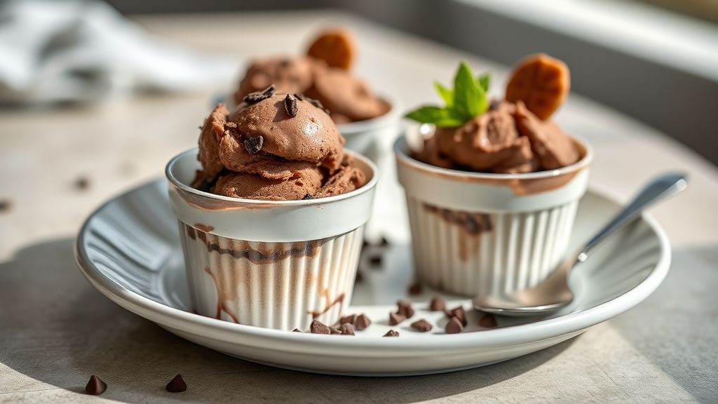 Potinhos de sorvete caseiro cremoso com ganache de chocolate, servidos de forma elegante e apetitosa