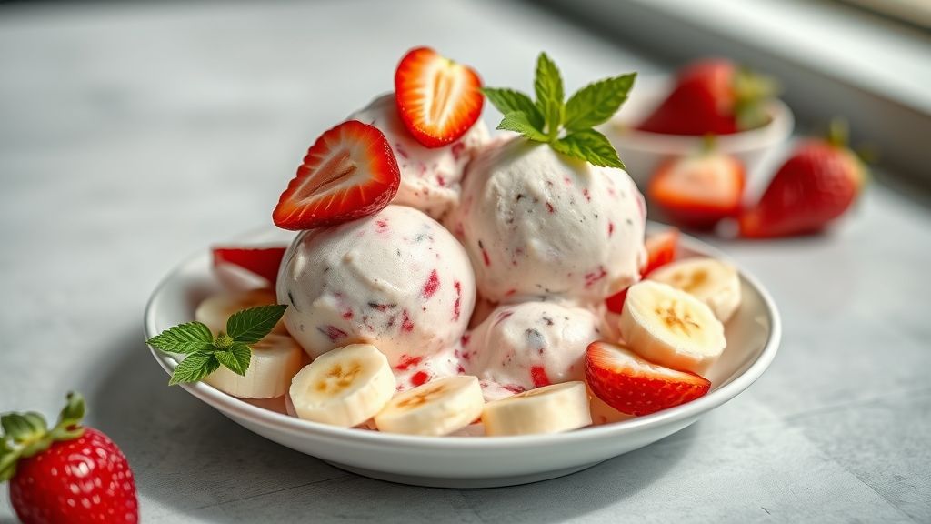 Sorvete saudável cremoso servido em taça, decorado com frutas frescas, granola e folhas de hortelã.
