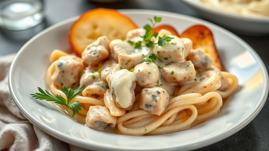 Prato de strogonoff de frango com maionese cremoso servindo com arroz e batata palha, aspecto dourado e apetitoso