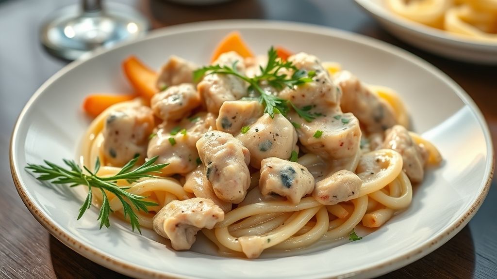 Prato de strogonoff cremoso servido com arroz branco e batata palha, ideal para grandes eventos