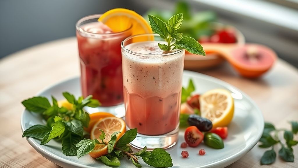 Copo de suco detox verde servido com folhas de hortelã e gelo, com aparência refrescante e natural