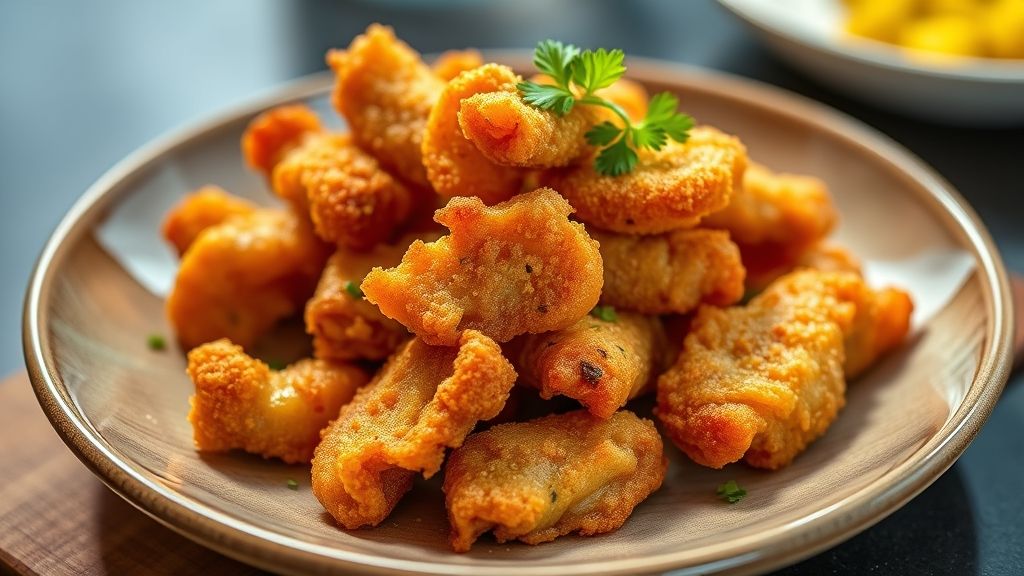 Torresmo dourado e crocante servido em porção de boteco com limão e pimenta ao lado
