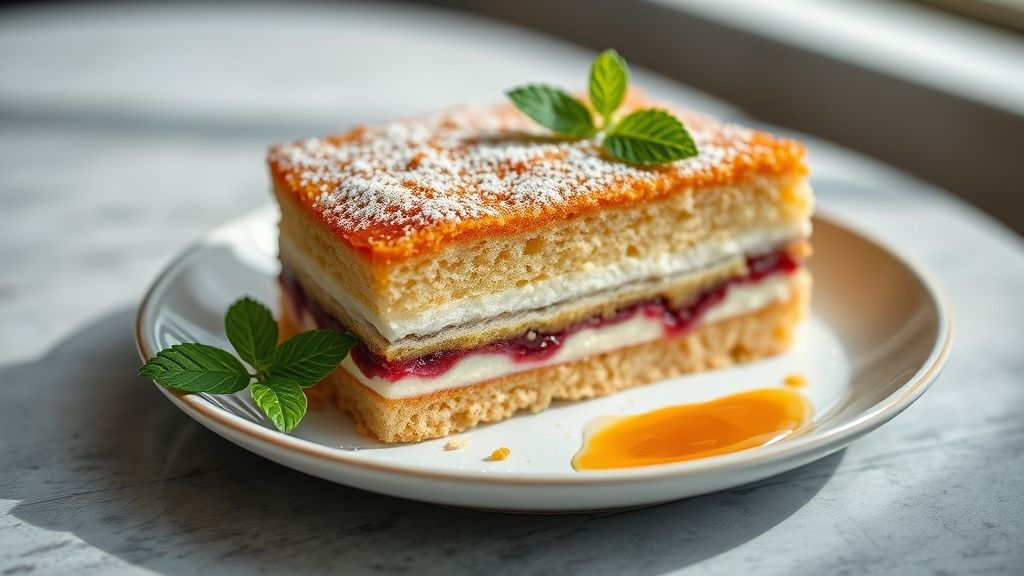 Torta de bolacha finalizada em camadas, cremosa, decorada com raspas de chocolate e frutas frescas, servida fria e irresistível.
