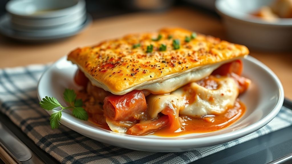 Torta dourada e cremosa servida em fatia, mostrando o recheio de salsichas e queijo derretido, perfeita para lanche ou festa
