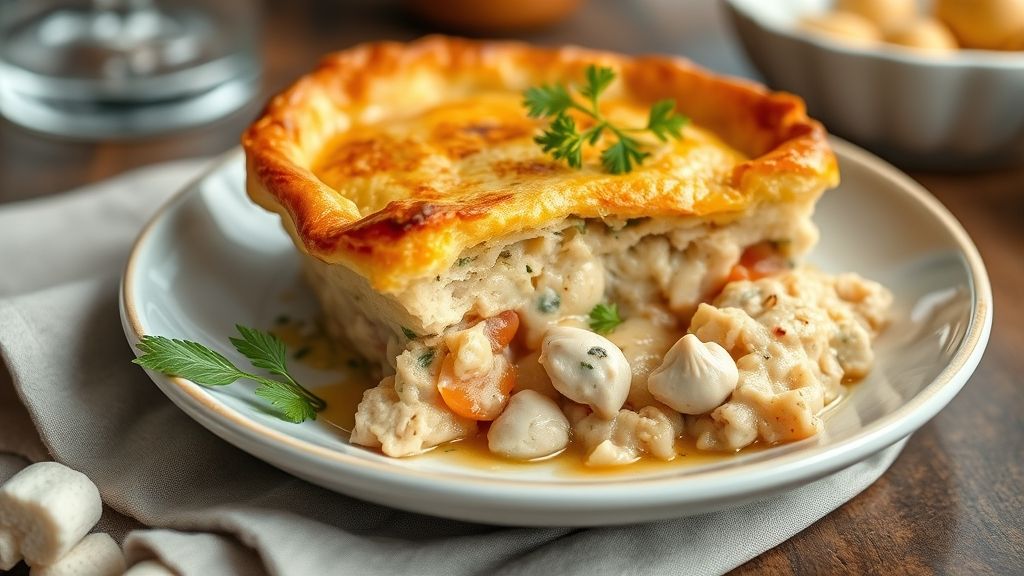 Torta de frango caseira dourada e apetitosa, servida em mesa rústica com fatia cortada mostrando o recheio cremoso