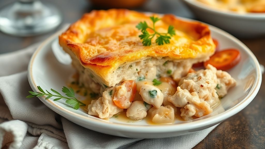 Torta de frango dourada, com recheio cremoso aparecendo em uma fatia servida sobre prato rústico