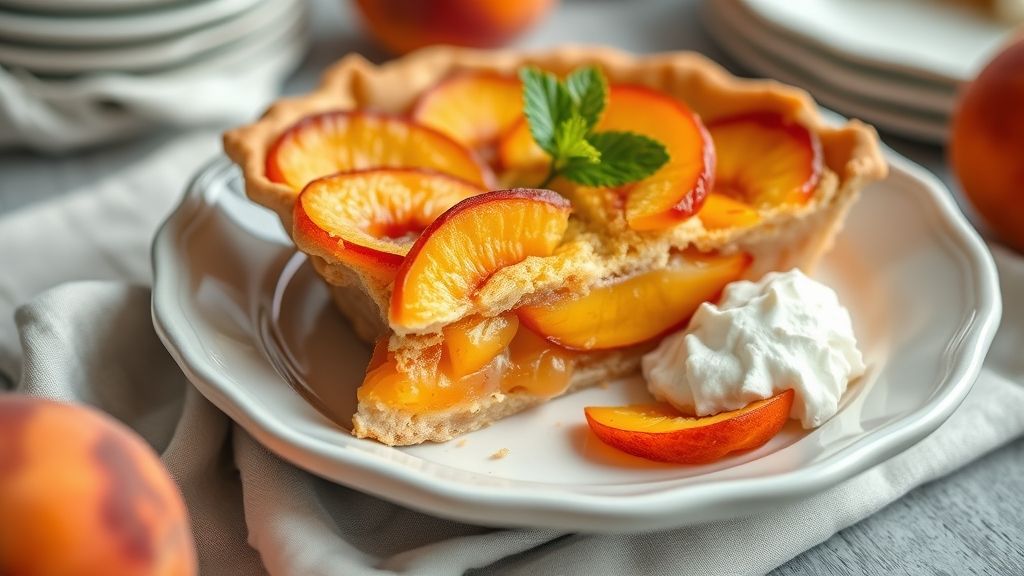 Torta de pêssegos dourada com recheio cremoso e frutas no topo, servida em prato elegante