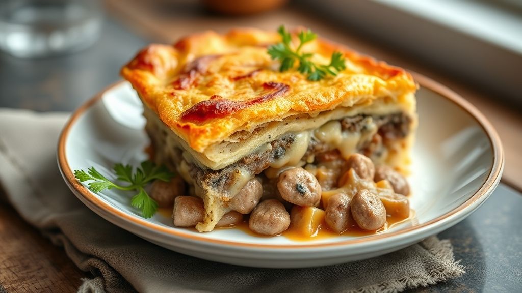 Torta salgada dourada, fatiada, com recheio de salsicha suculento e textura macia