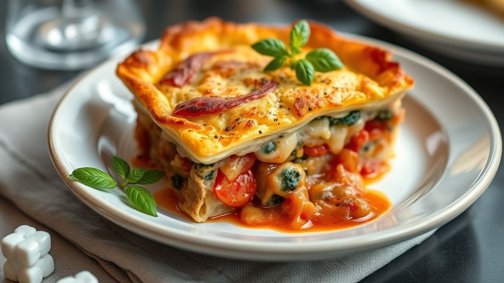 Torta dourada e cremosa, servida em prato rústico, com pedaços visíveis de queijo e presunto