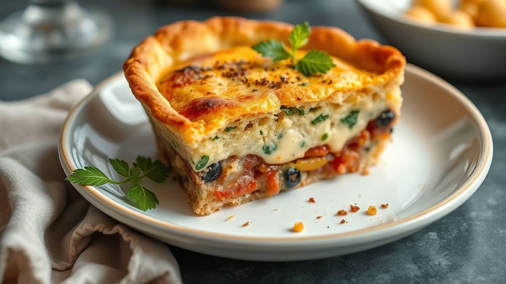 Torta salgada de liquidificador dourada e macia, servida em pedaços sobre prato rústico, com recheio de frango e queijo