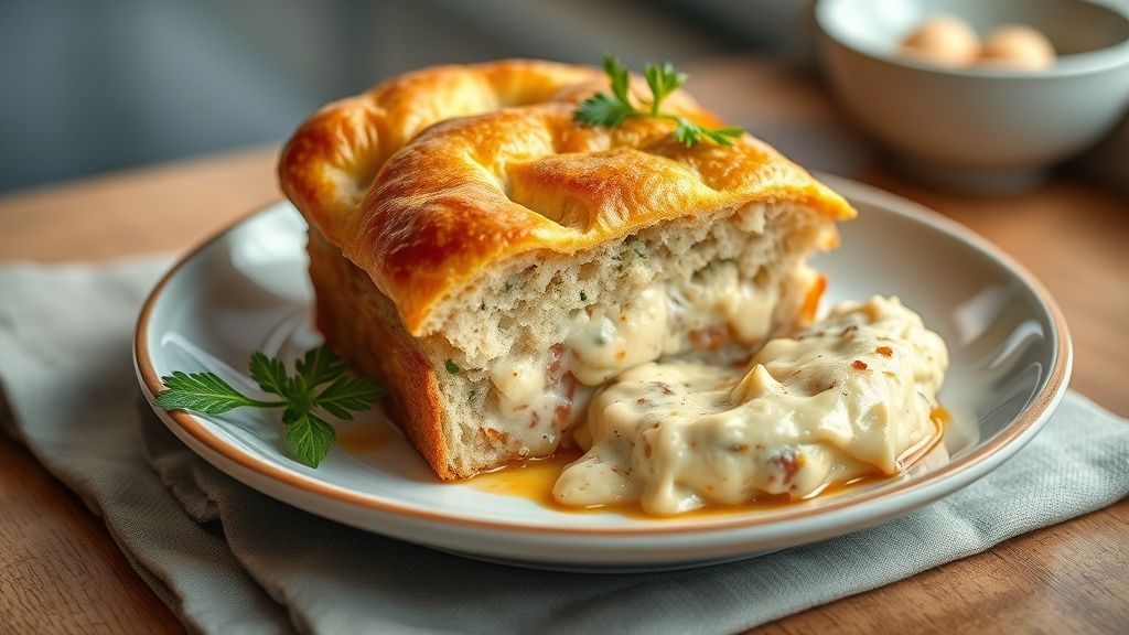 Torta salgada dourada, com camadas de frango cremoso e queijo gratinado, servida em refratário decorado
