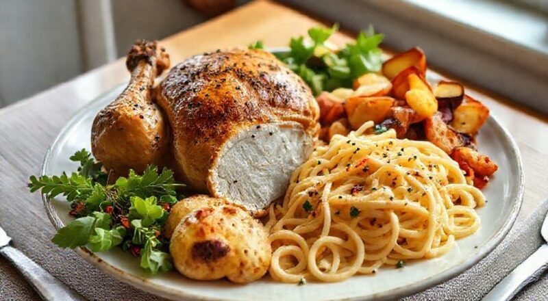 Prato de almoço completo com frango assado, batatas douradas, macarrão e salada fresca em mesa posta