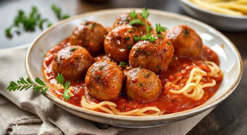 Almôndegas douradas servidas em molho de tomate encorpado com ervas frescas, visual caseiro e apetitoso.