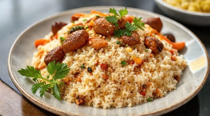 Arroz à moda sertaneja servido em uma panela rústica, com linguiça, repolho e legumes coloridos, em apresentação caseira e acolhedora