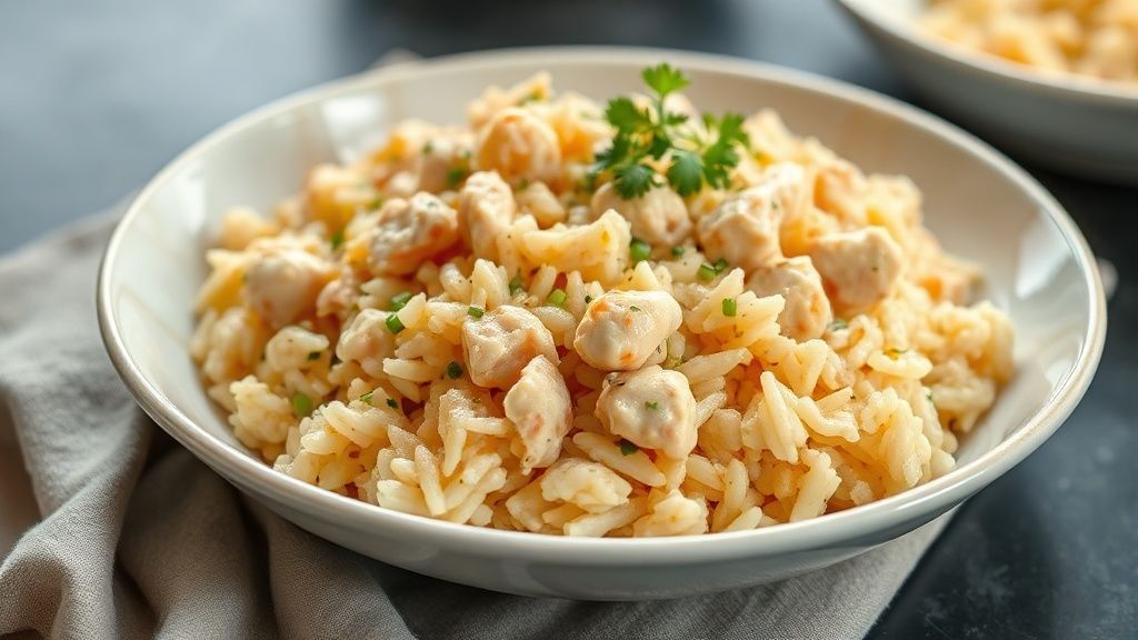 Arroz cremoso com frango dourado e queijo derretido, servido em uma travessa bem apresentada