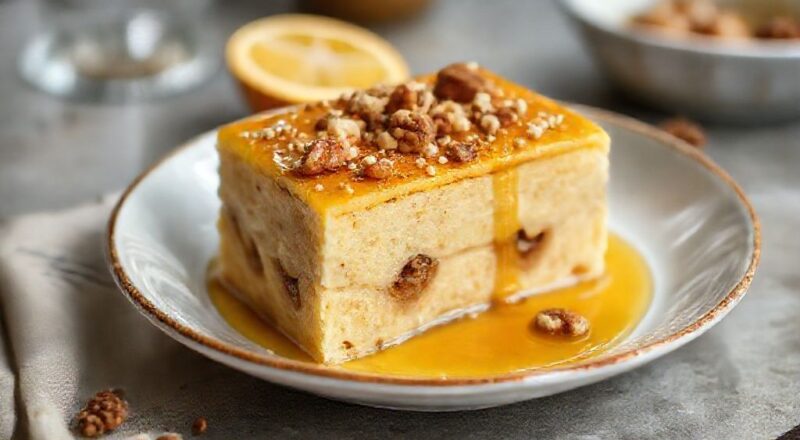 Doces arabescos recheados com nozes e nata, dourados e regados com calda floral, servidos em tigela elegante com toque oriental