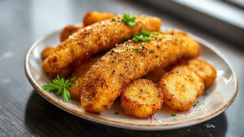 Fatias de banana à milanesa douradas e crocantes, servidas quentes em um prato elegante