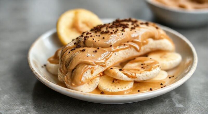 Prato com banana cortada e coberta com pasta de amendoim cremosa, chia e canela, bem apresentada e apetitosa.