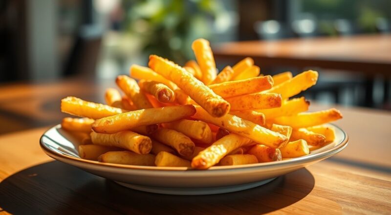 Porção de batata frita dourada e crocante servida em um cesto de metal com sal grosso e toque rústico.