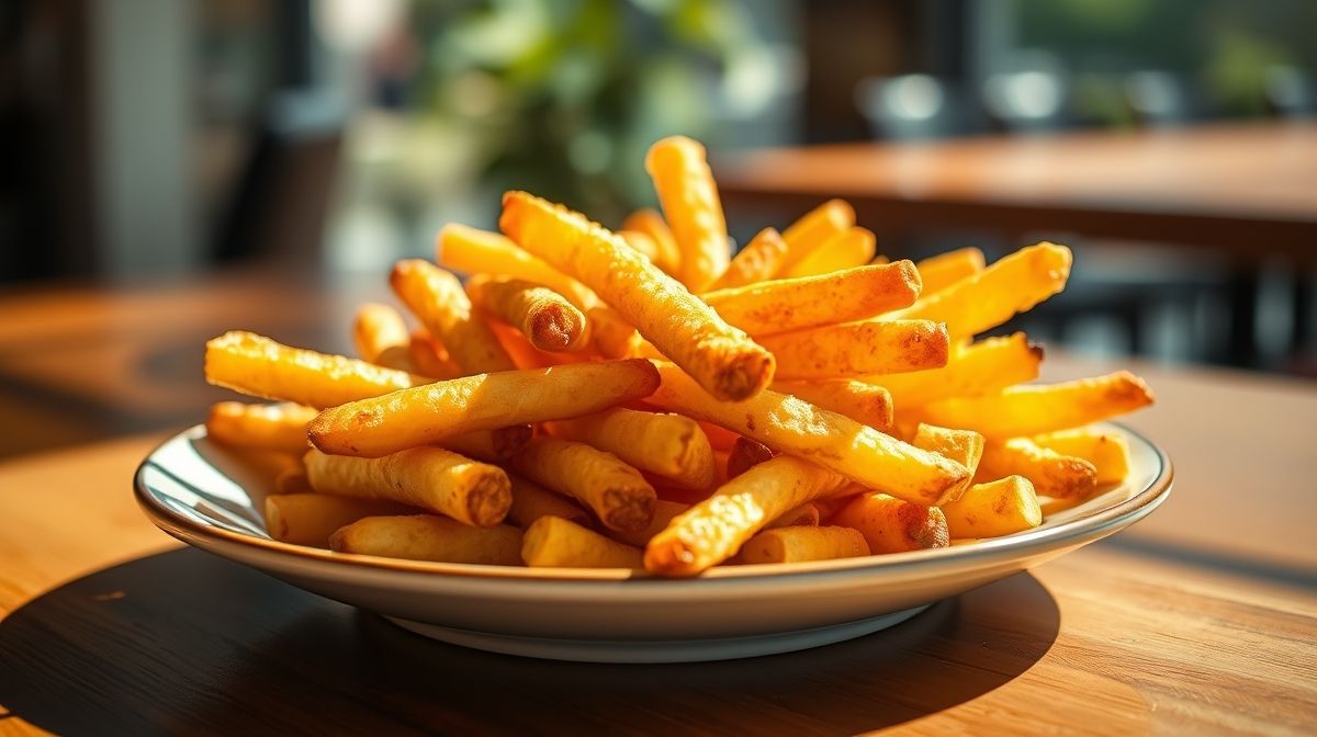 Batata frita sequinha e crocante servida em cesto de metal, dourada e apetitosa