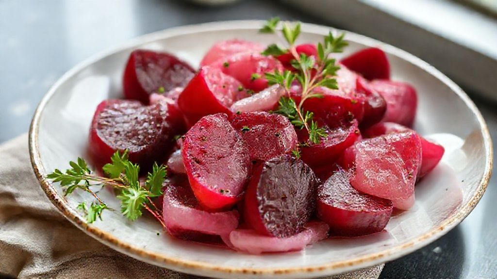 Beterrabas cozidas inteiras e fatiadas, com cor intensa e brilho natural, servidas em uma tigela branca sobre mesa rústica