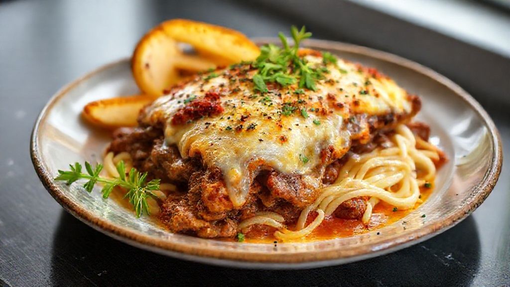 Prato servido de bife à parmegiana dourado, coberto com molho e queijo derretido, aparência caseira e apetitosamente crocante