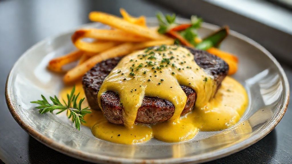 Bife com molho de mostarda cremoso servido em prato branco, decorado com ervas frescas