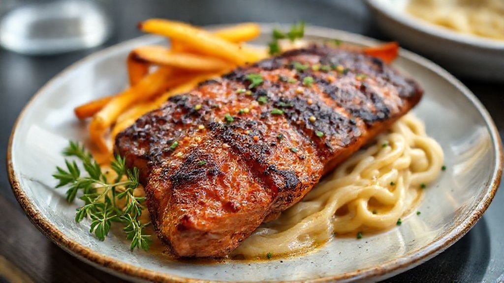 Bife de chorizo dourado e suculento servido em prato rústico com ervas e batatas assadas